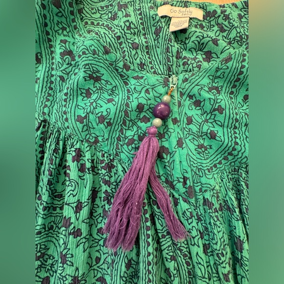 GO SOFTLY • Floral Tassel Zip Caftan Mumu Patio Midi House Dress Teal pockets M - Picture 4 of 7